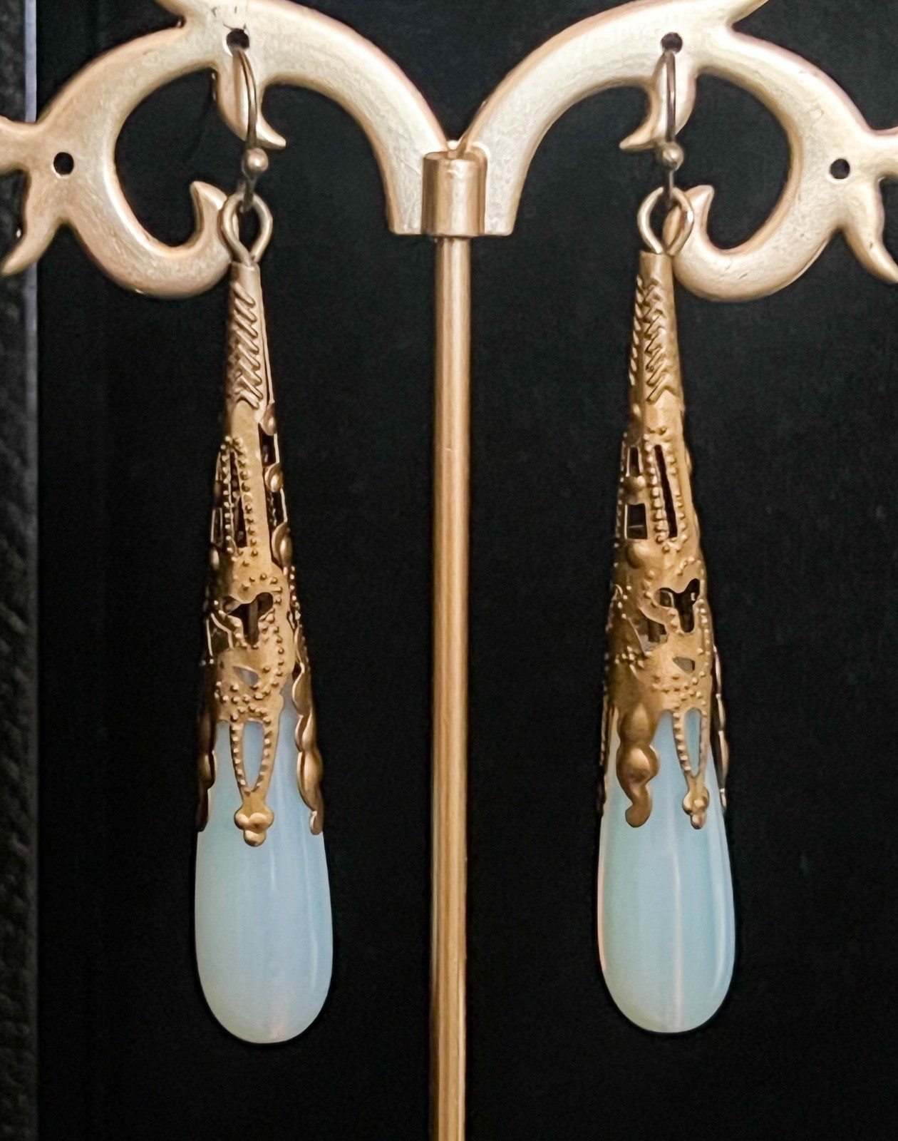 Opalite Earrings Long Filigree Glass Drops Art Nouveau Jewelry