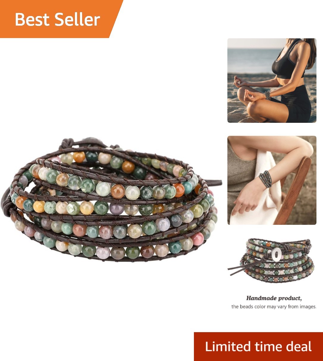 Elegant Multi-Layer Leather and Bead Wrap Bracelet for Women – Adjustable Size