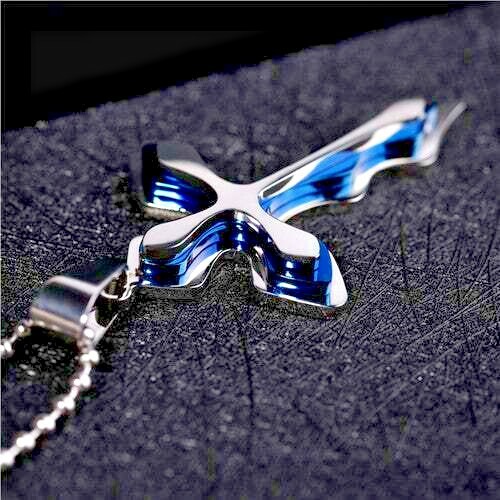 Pendant; Titanium Flame Cross Blue & Silver Color Rhodium Plated Ball Chain NEW