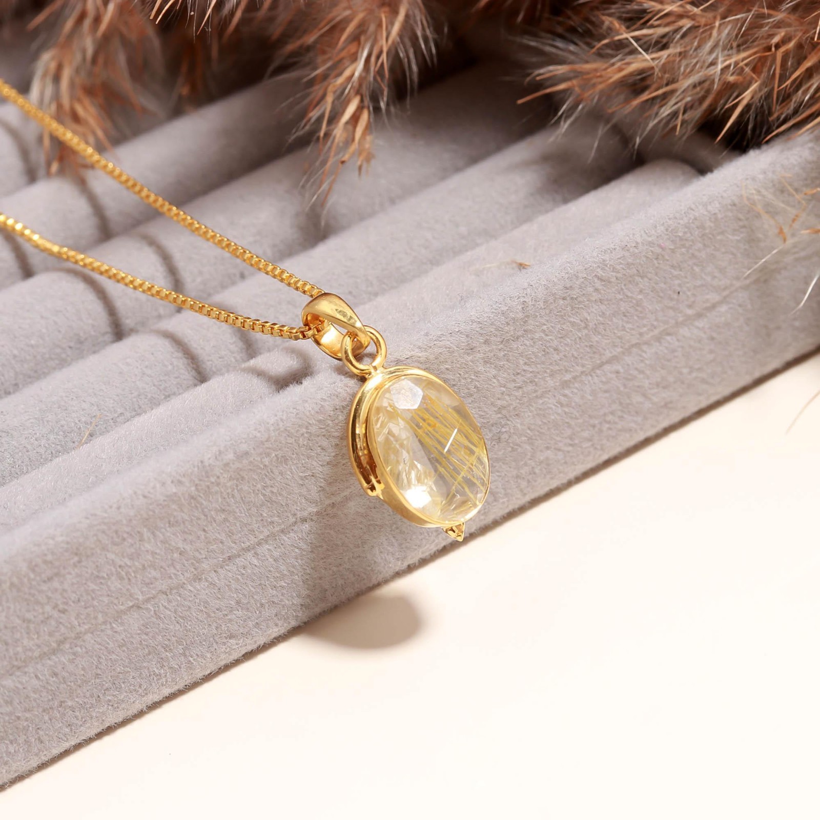 Natural Golden Rutile Oval Necklace Gold Plated Solid Silver Handmade Jewelry
