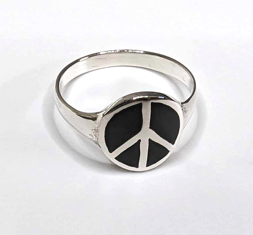 Peace Sign Ring Black Onyx 925 Sterling Silver Sizes 5 to 10 NEW