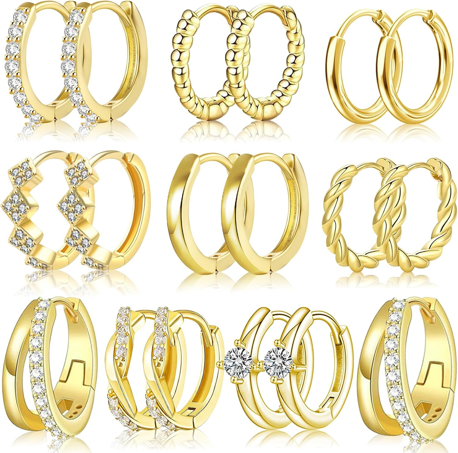 9 Pairs 14K Gold Plated Chunky Huggie Hoop Earrings Set for Women Hypoallergenic