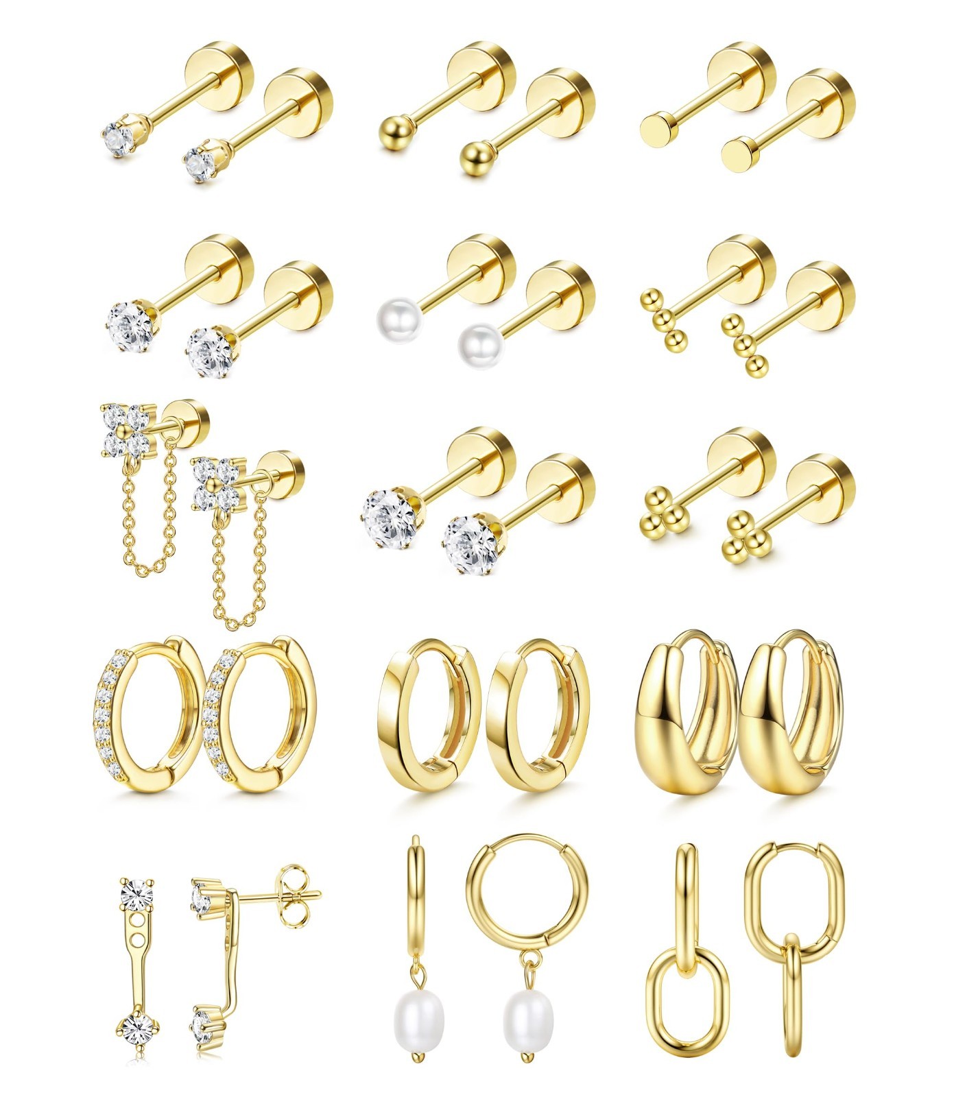 14k Gold Tone/ Silver Tone Flat Back Earrings Set Surgical Steel Ear Jewelry