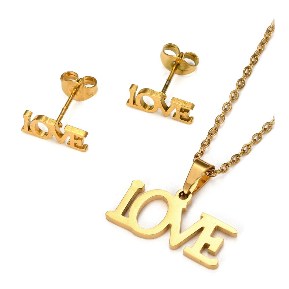 Valentine’s Stainless Steel Set Pendant Necklace Earrings LOVE 15.7″ 0.7mm Z803
