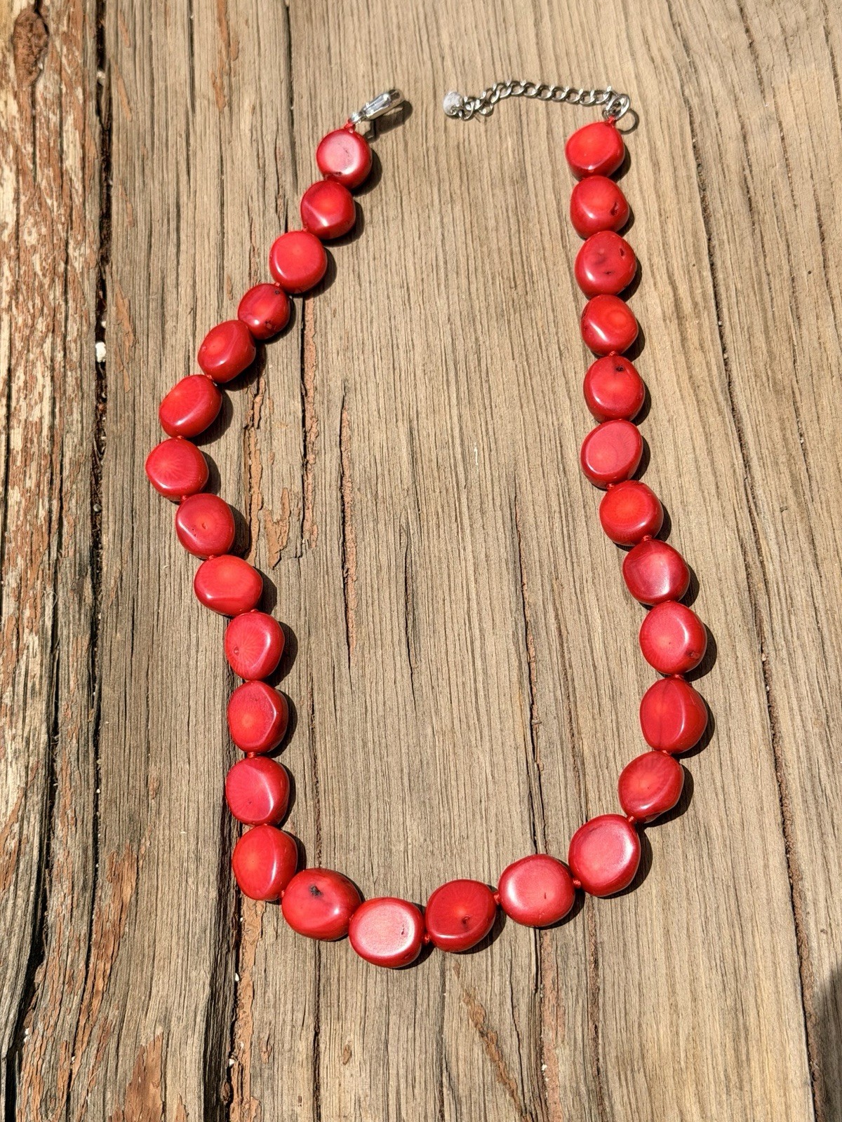 Handmade Dyed Red Disc Coral Necklace Handknotted 925 Clasp 20”