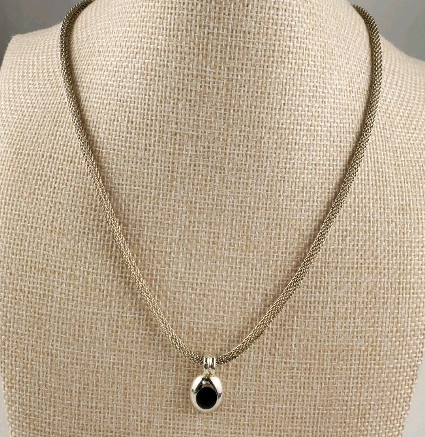 Liz Claiborne LCI Silver Tone Rope Chain Necklace Black Cabochon Pendant