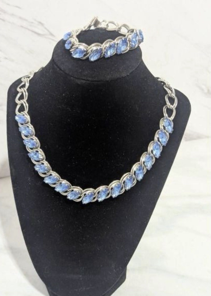 Unknown source Silver Tone Necklace & Bracelet Set with Blue Glass Marquise