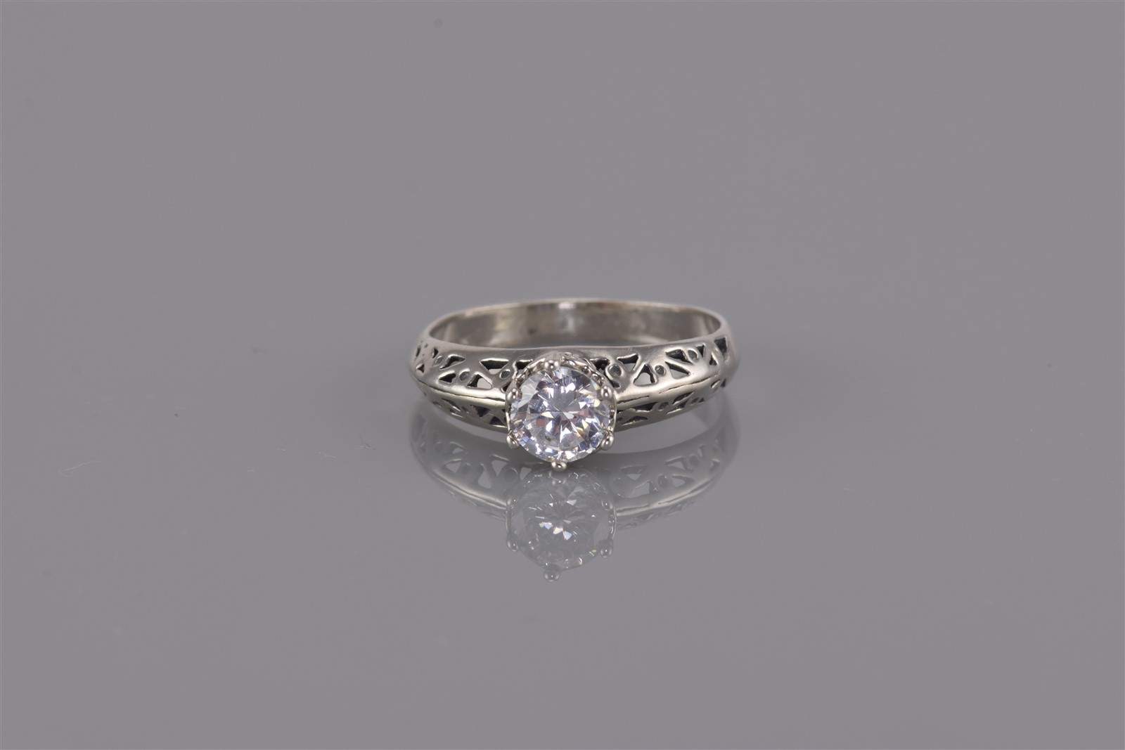 Sterling Silver 6 Prong Cubic Zirconia Wedged Openwork Band Ring 925 Sz: 8