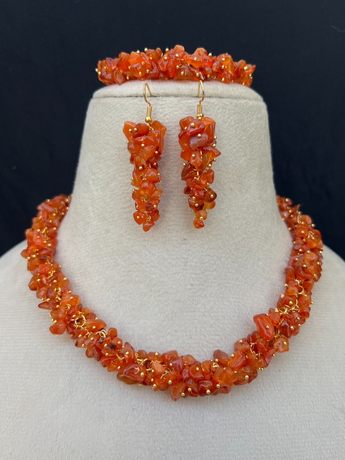 Carnelian Uncut Necklace 18″ Set with Earrings & Bracelet – Natural Jewelry Set