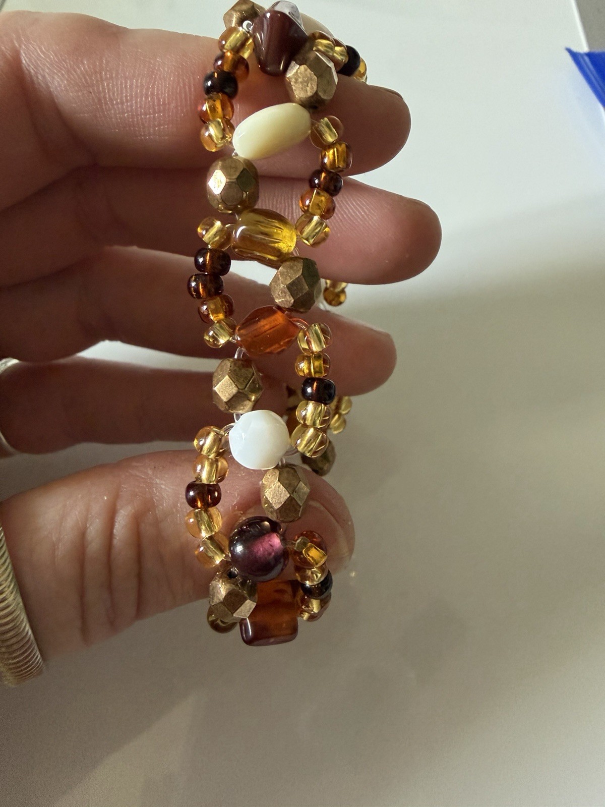 Homemade Gold Tone Glass Beaded Wrap Bracelet Amber Brown White stretch thread