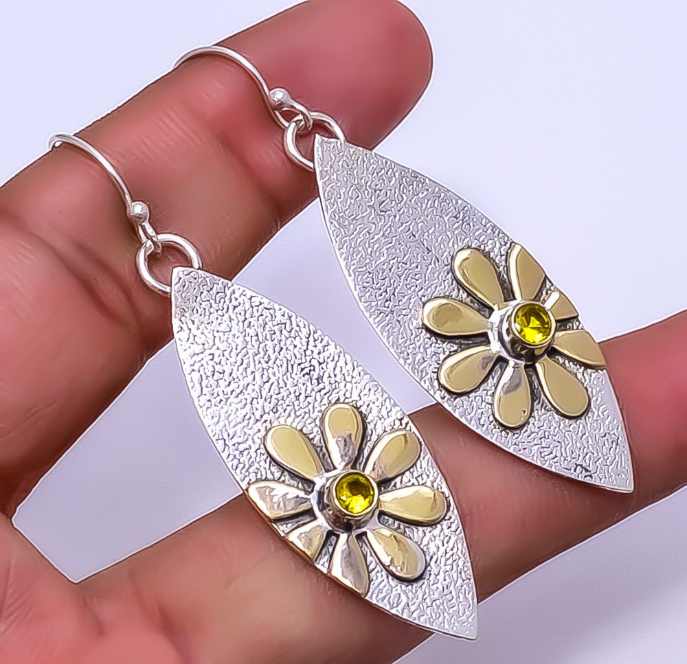 Lemon Quartz 925 Sterling Silver Handmade Two Tone Floral Earring 2.46″ E20