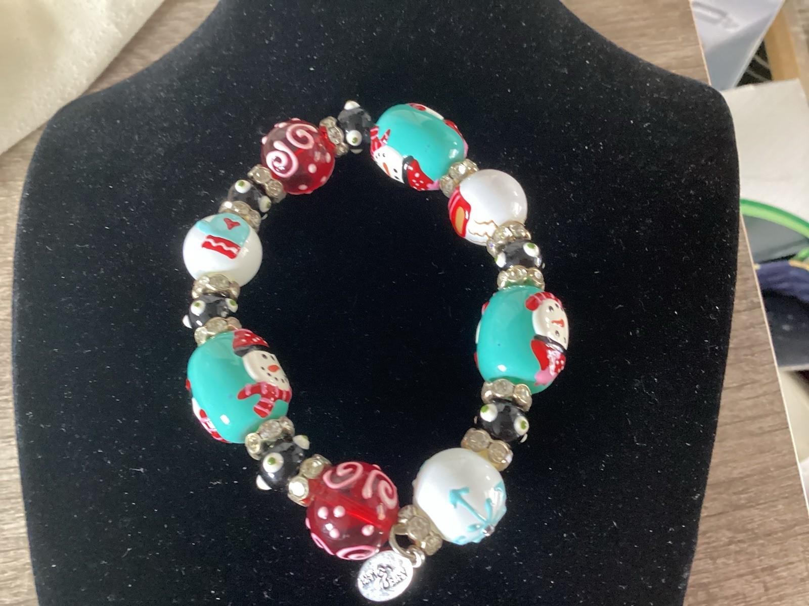 Kate /Macy Snow Fun Design Painted Glass /Acrylic Beads Rhinestones Bracelet