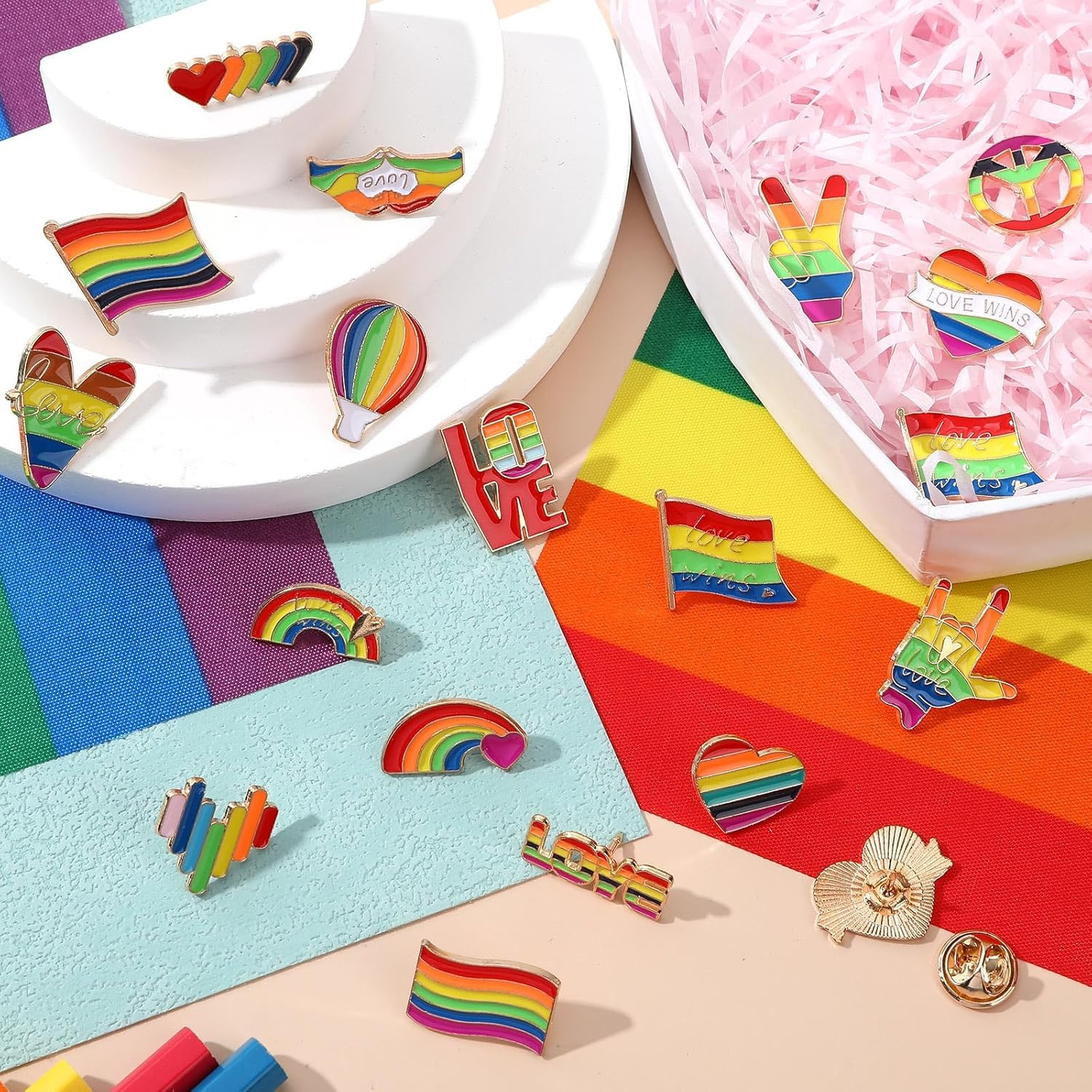 60Pcs Pride Pins, Rainbow Pins Bulk Enamel LGBTQ Lapel Pin Gay Pride Heart Flag