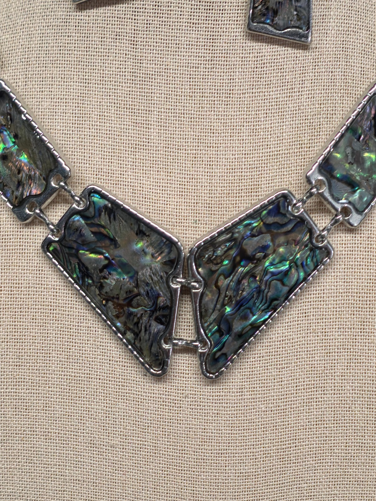 Artisan Abalone Shell Necklace Earring Set Silver Tone Rectangle Mosaic 16-18″