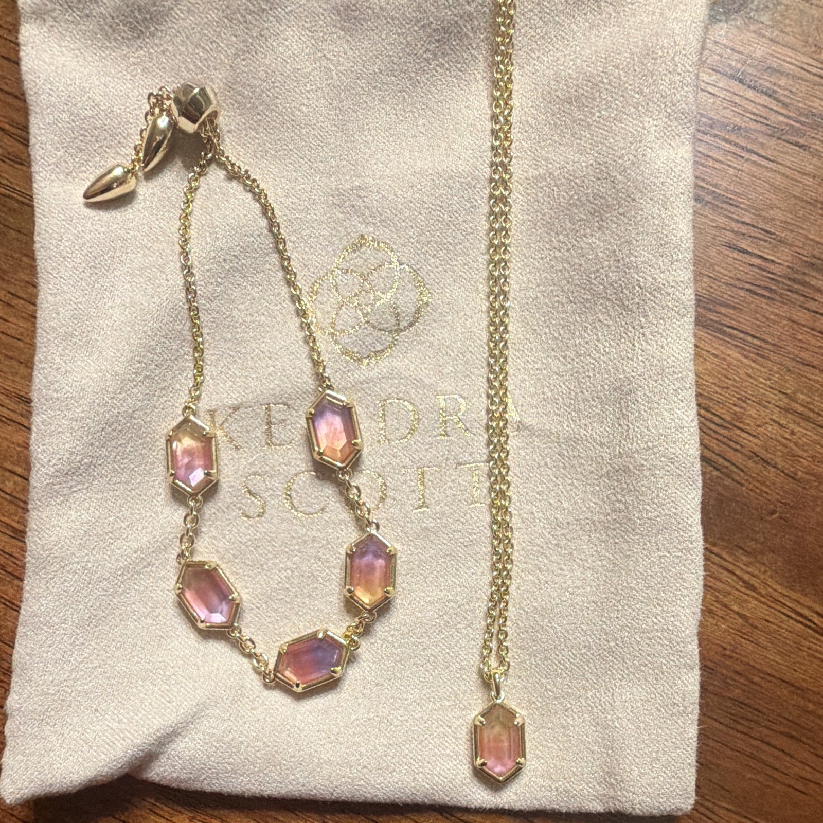 Kendra Scott Gold Plated Pink Octagon Crystal Necklace Bracelet Set