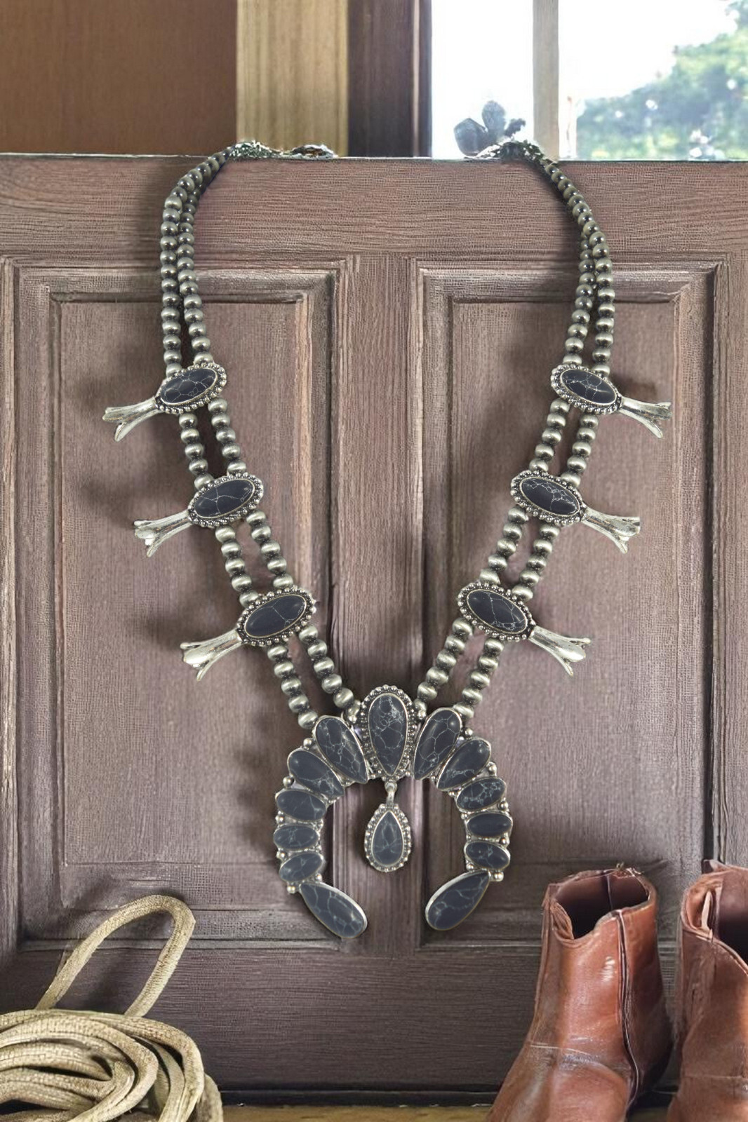 Western Squash Blossom Naja Pendant Necklace Cat Eye Beads – summer boho Jewelry