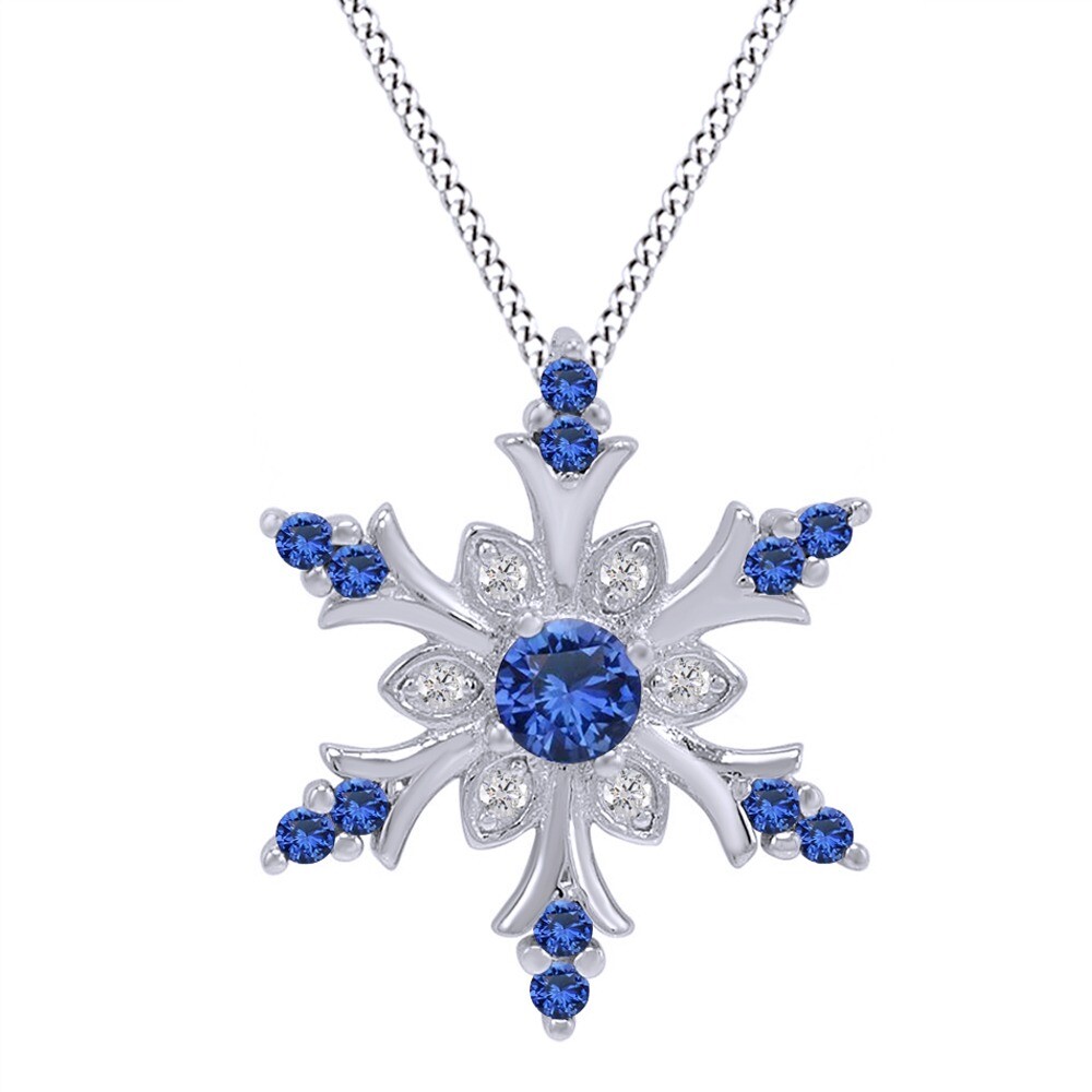 Snowflake Pendant Necklace Simulated Sapphire 14K White Gold Plated Sterling