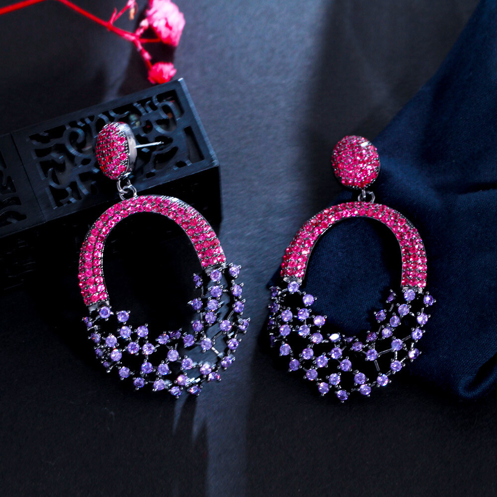 Lady Gorgeous Black Gold Plated Hot Pink Purple Zircon Long Dangle Drop Earrings