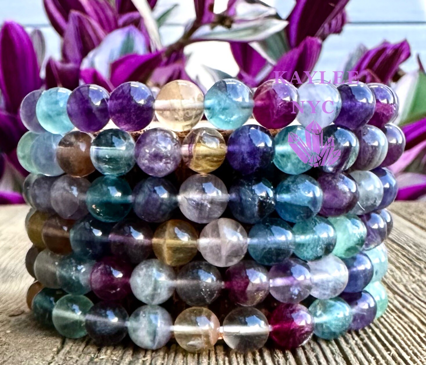 Wholesale Lot 6 Pcs Natural Rainbow Fluorite 8mm 7.5” Crystal Stretch Bracelet