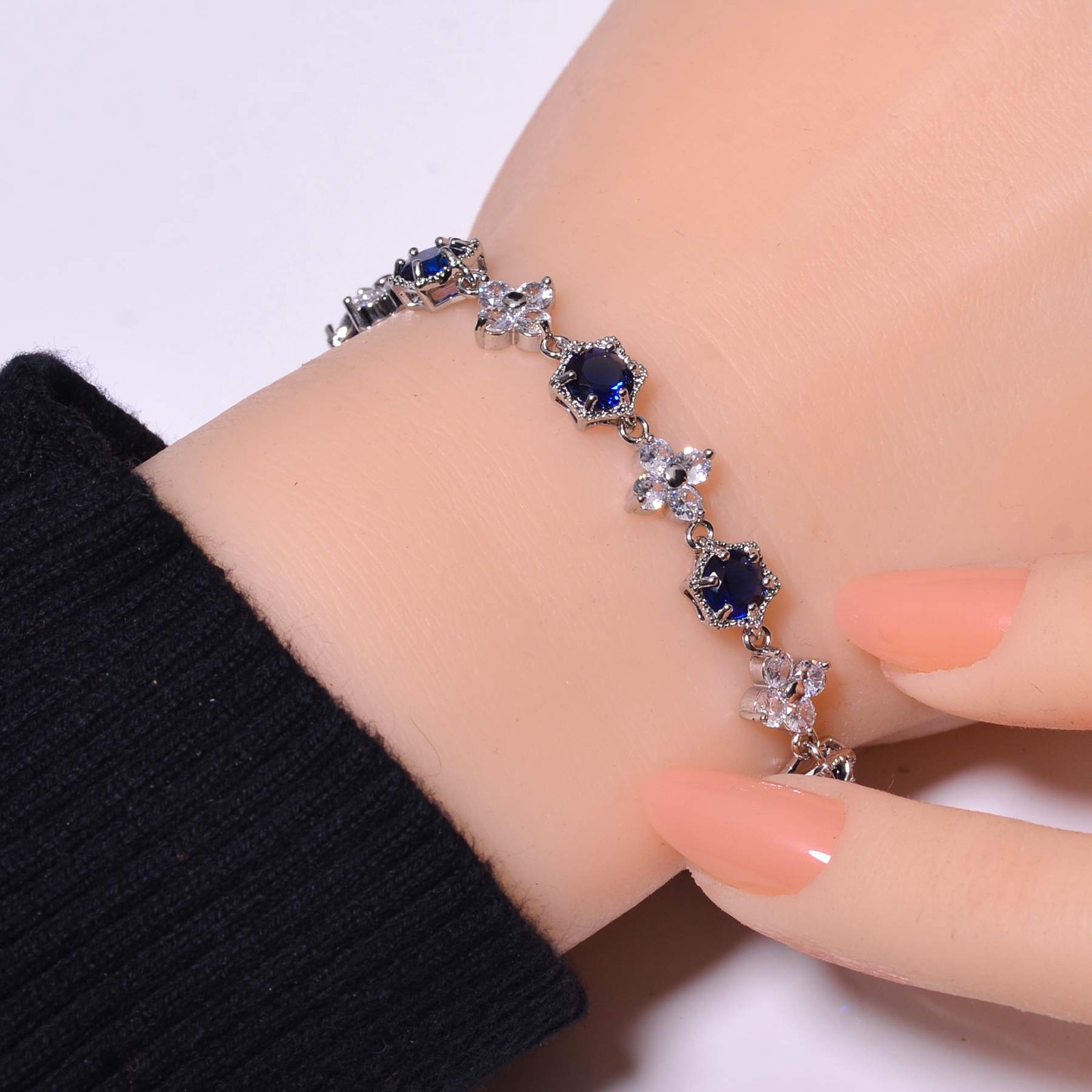 Blue Sapphire & CZ – Simulated 925 Sterling Silver Tennis Bracelet 8.99″ B53