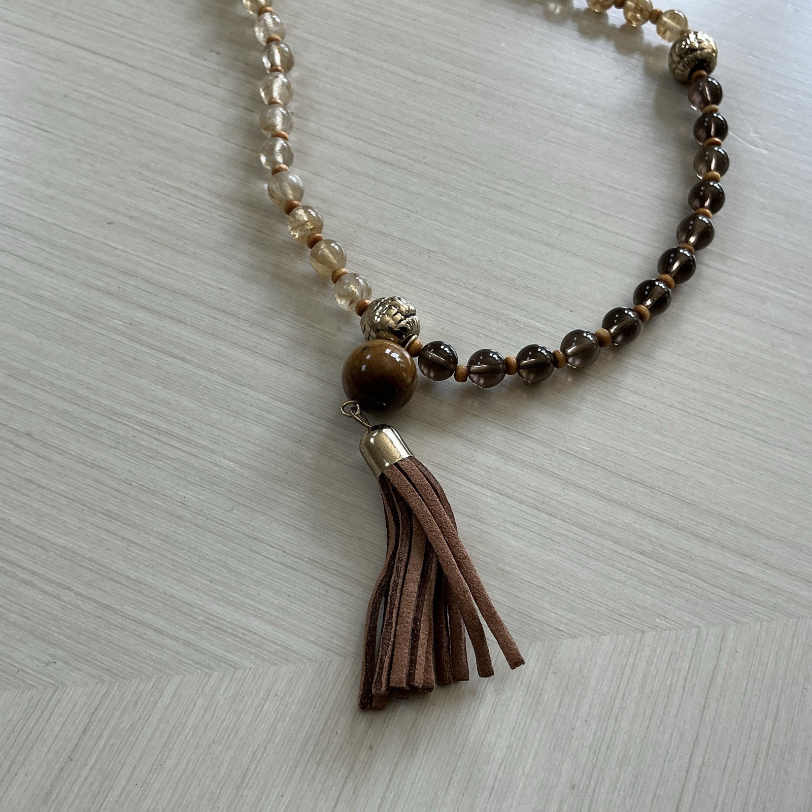 Marlyn Schiff Brown, Beige, Sage Natural Stone Necklace Faux Leather Tassel