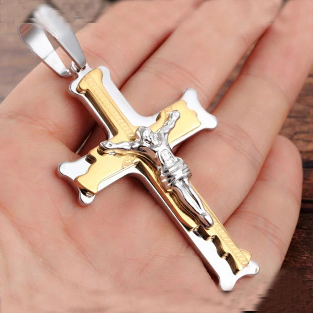 Men Multi-Layer Jesus Cross Pendant Necklace Stainless Steel Box Chain 18-34inch