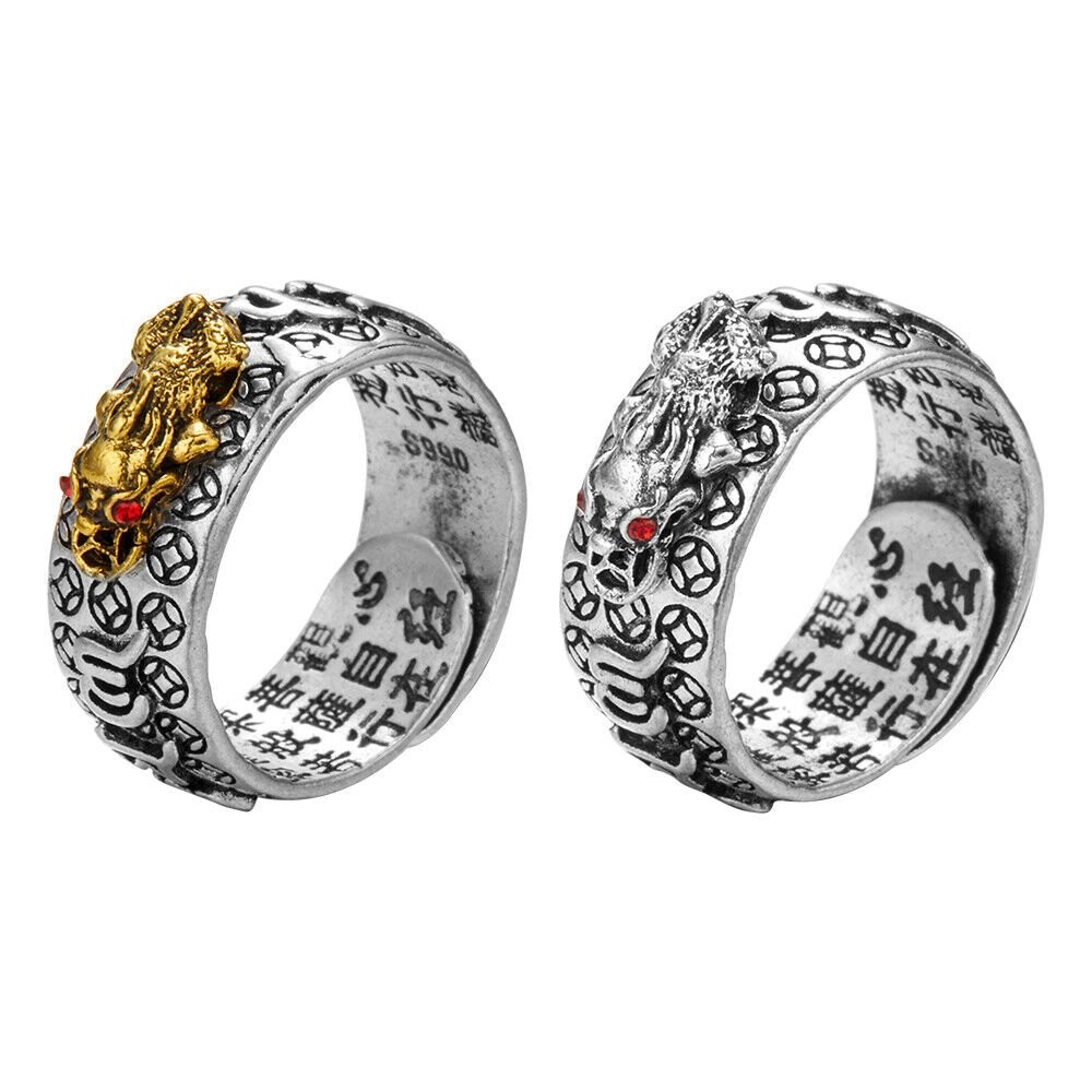 2x Feng Shui Pixiu Mantra Amulet Lucky Adjustable Ring Buddhist Good Luck Mantra