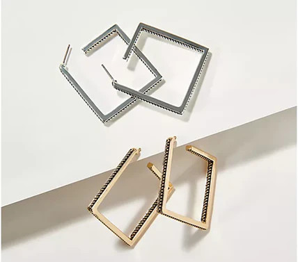 Joan Rivers Set of 2 Silvertone/Goltone Square Hoop Earrings, 1-3/8″L x 1/8″W