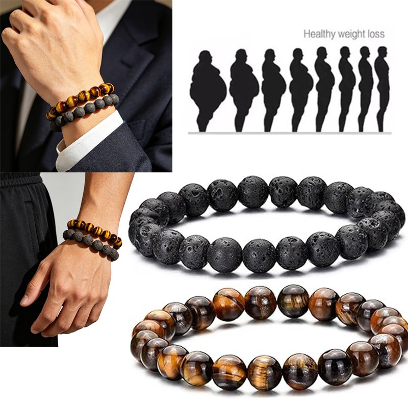 4PCS Men Bracelet Classic Lava Rock Tiger Eye Gem Stone Beaded Healing Boyfriend