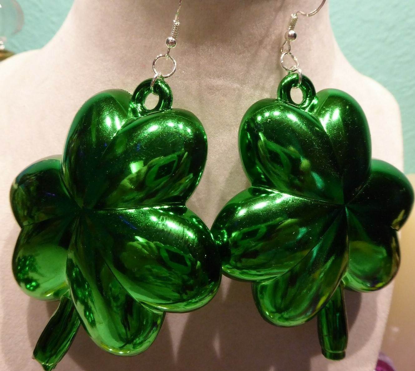 BIG ST.PATRICK’S IRISH 925 Hook EARRINGS SHAMROCK SHAPED Handcrafted USA Nora’s