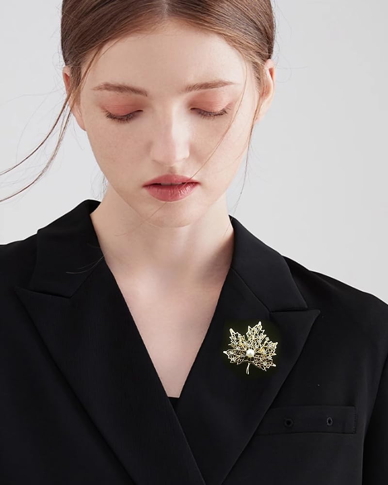 Fashion Maple Leaves Crystal Brooch for Women Men Pearl Gold-Tone Plated Leaf…