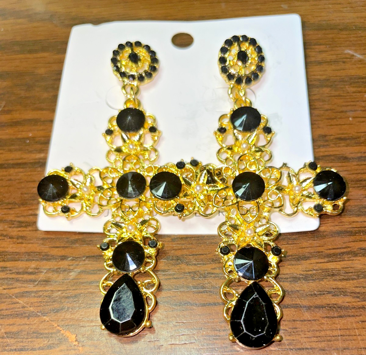 Retro Gold Tone Cross Drop Earrings with Black Artificial Gemstones