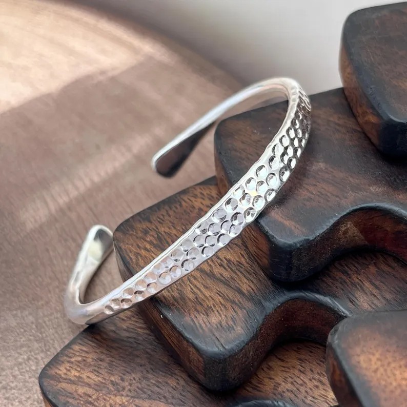 Handmade 925 Sterling Silver Bangle, Hammered Texture Wide Cuff Bracelet, Boho