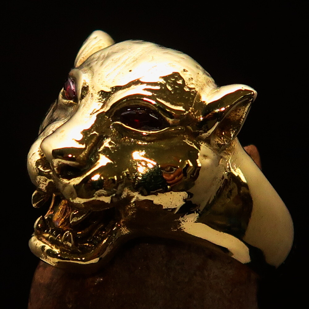 STUNNING MENS COUGAR HEAD BIKER RING WITH RED CZ EYES SIZE 11 – SOLID BRASS