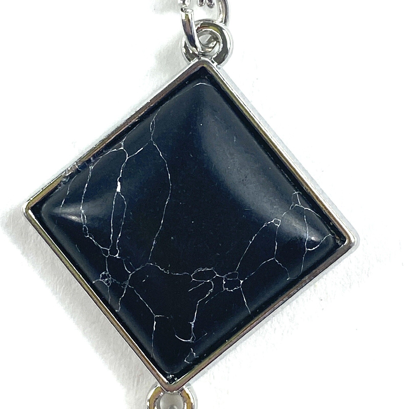 Toni 20×20 mm Composite Black Howlite Silvertone Pendant Long Chain Necklace