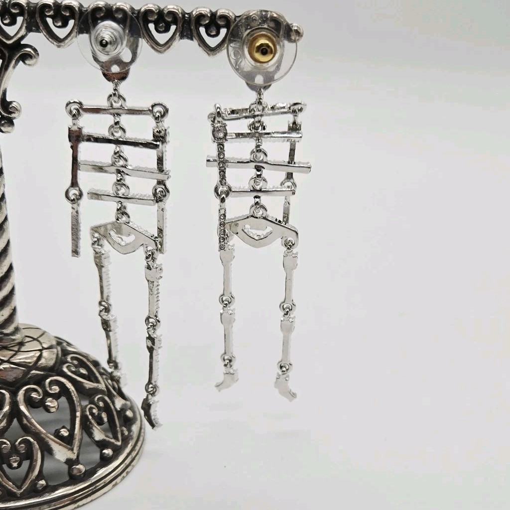 Crystal Skeleton Halloween Dangle Earrings Silver Tone Spooky Movable 3.5 in