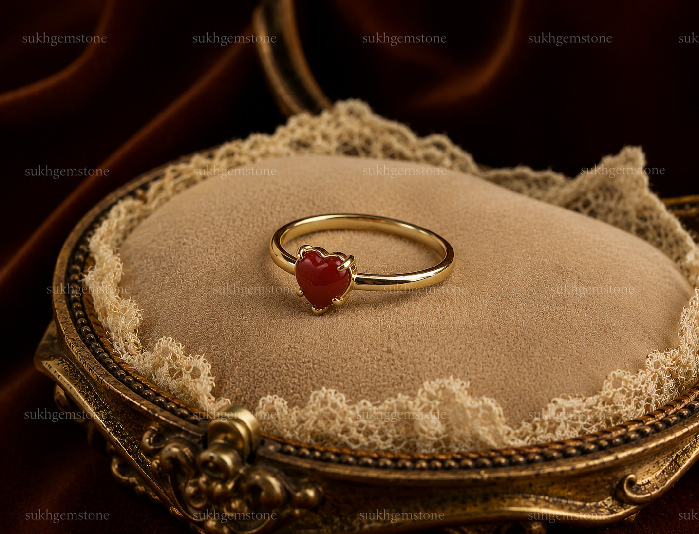 Lab Created Red Coral Ring, Base Metal: Brass Finish: Gold Plated, Gift For Her