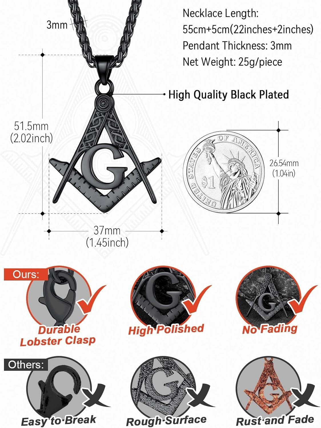 Masonic Necklace for Men, Freemason Compass Symbol 18K Gold Plated/Stainless …