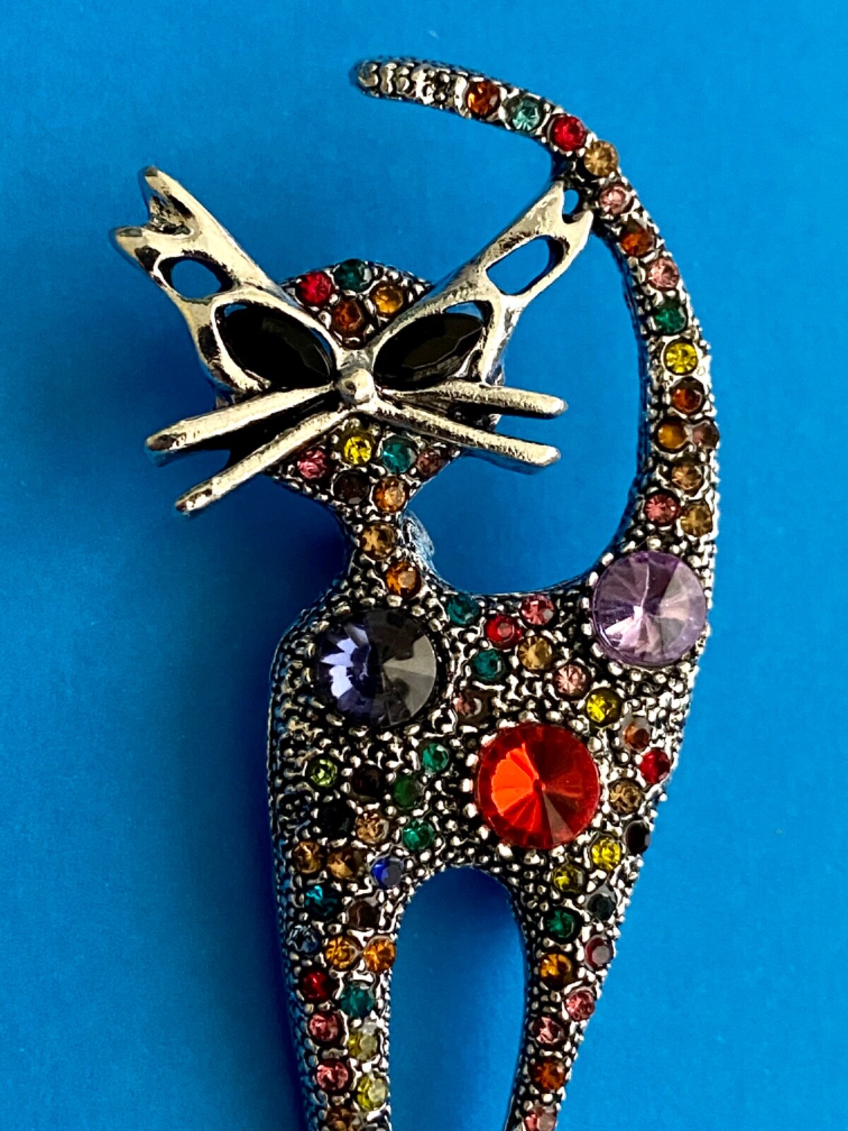 Multicolor Rhinestone Silver Cat Brooch Box included