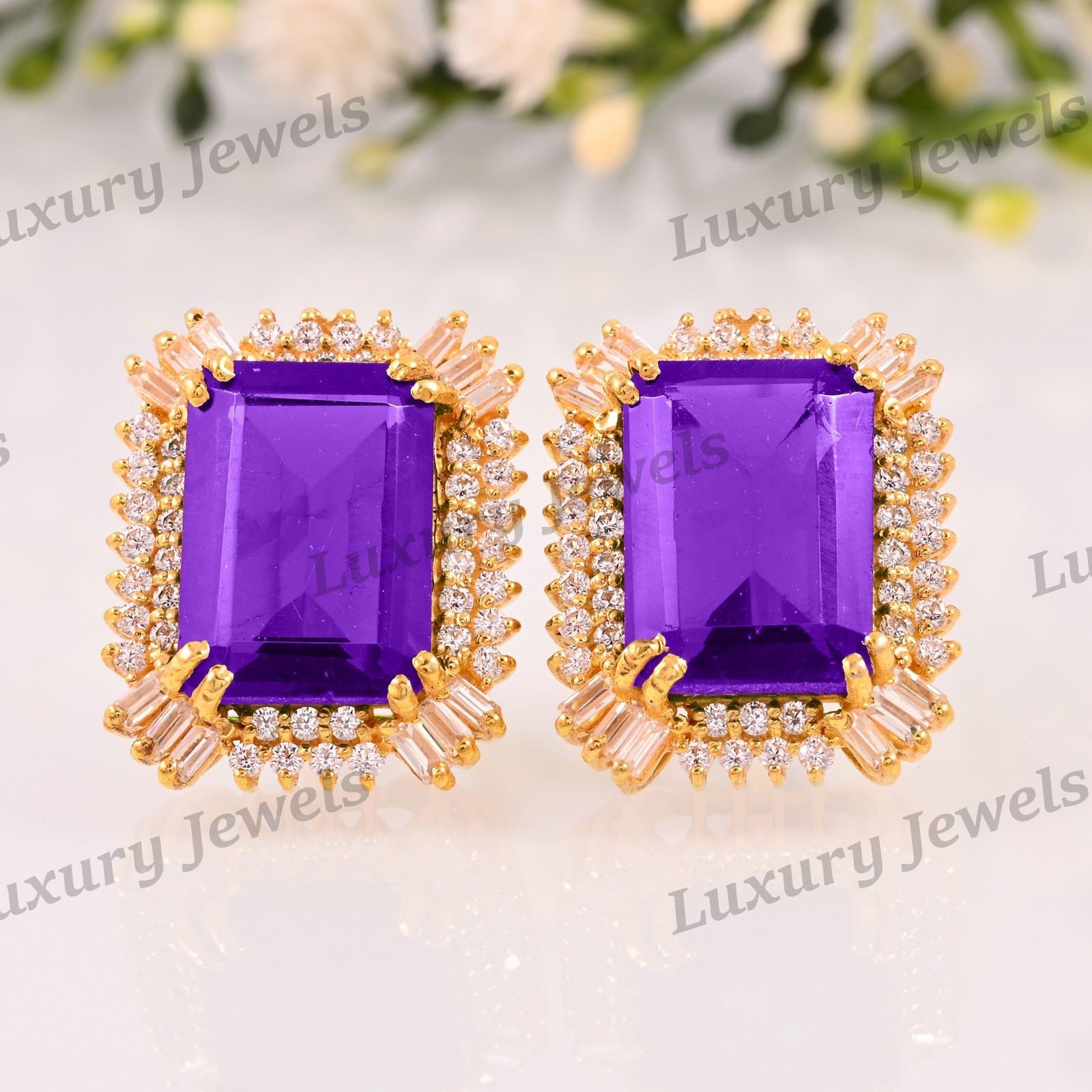 Handmade Amethyst 925 Sterling Silver Stud Earrings Fine Jewelry Women