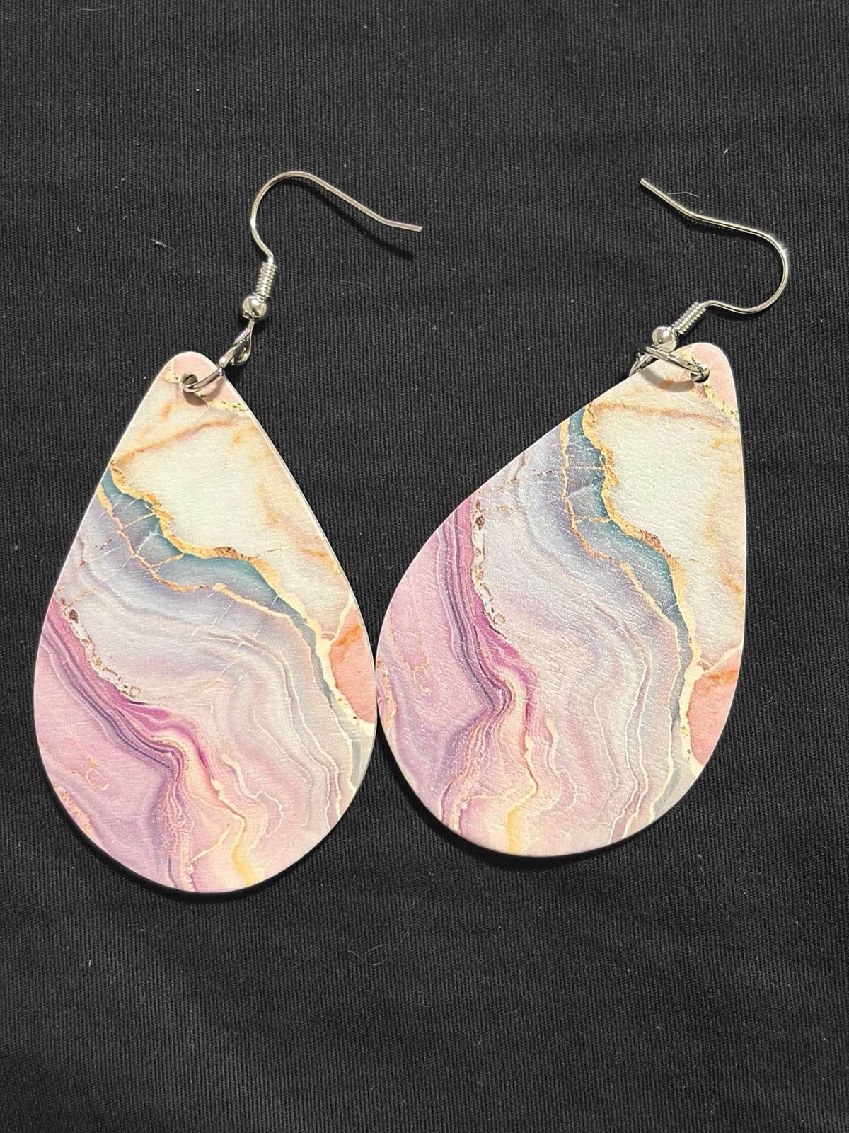 Pastel Marble Teardrop Dangle Earrings Pink Purple Gold Abstract Statement