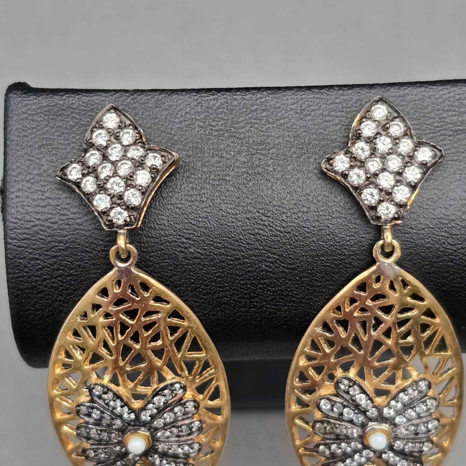 Esha Gold Plated Rhinestone Filigree Dangle Earrings 2.25″ Designer Modern Post