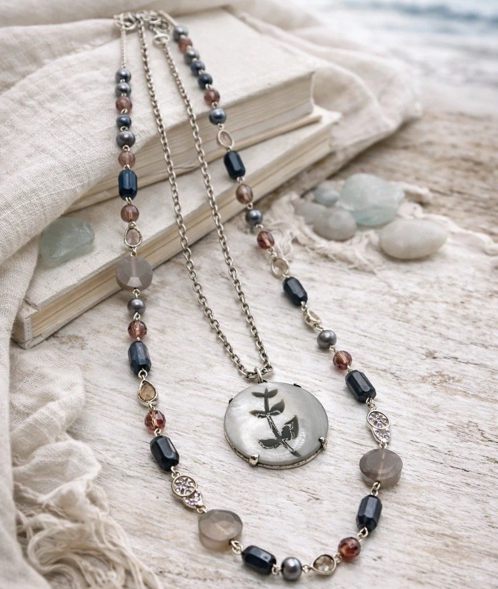 Sigrid Olsen Layered Necklace Set MOP Pendant Coastal Neutral Beaded Jewelry