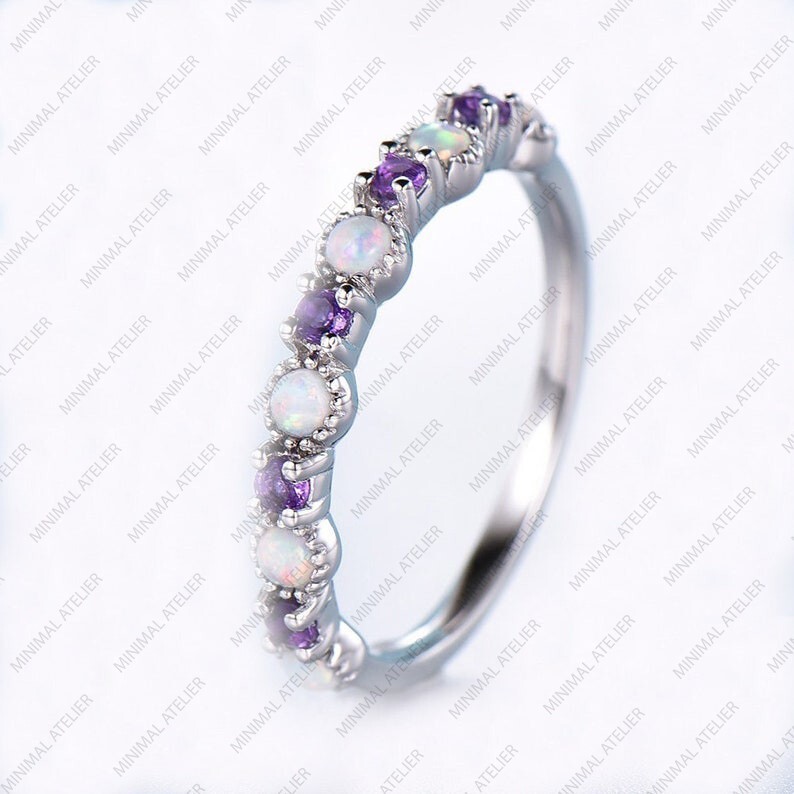 Amethyst &Opal Sterling Silver Band Half Eternity Stackable Ring MilgrainJewelry