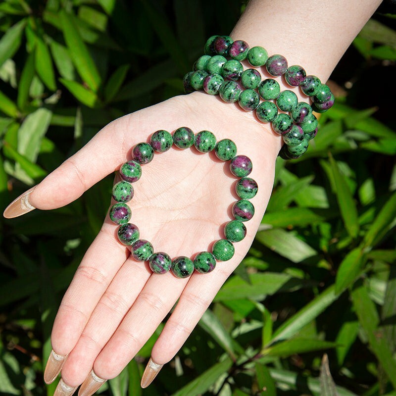 Natural Ruby Zoisite Bracelet 8mm Round Bead Anyolite Gemstone Women Gift 7 inch