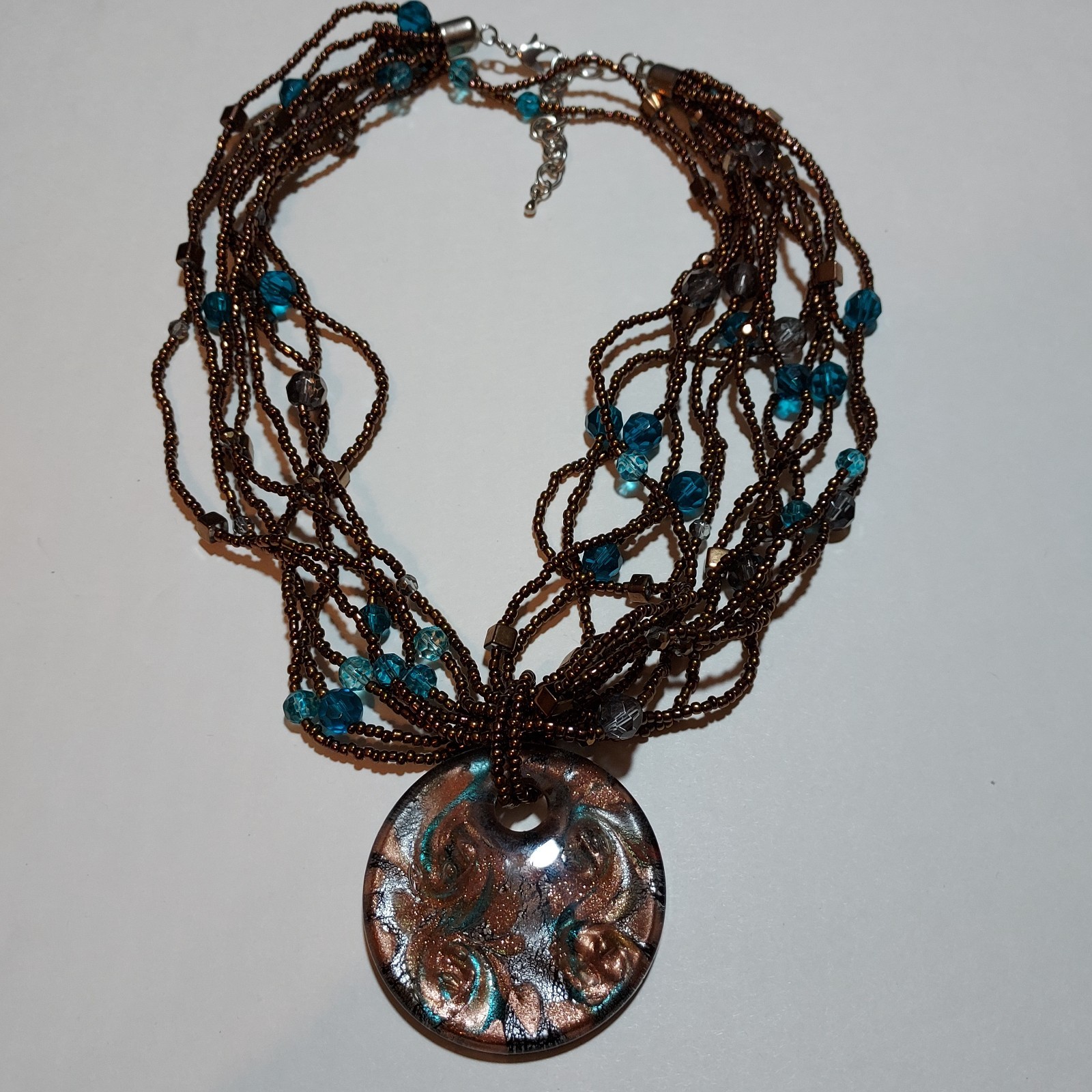 VINTAGE Glass Blown Copper Foil Pendant, Multi-Strand Seed Bead Necklace