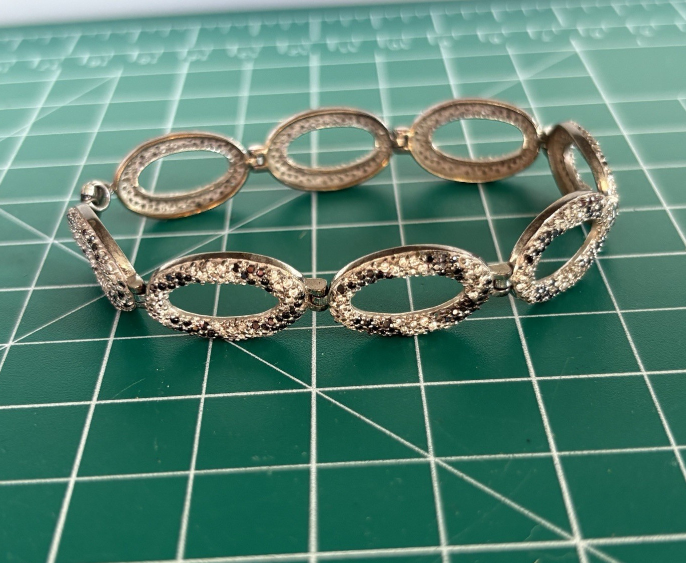 Silver Tone Oval Link Chain Bracelet, Pavé Set Oval White/Black Stones, Lobster