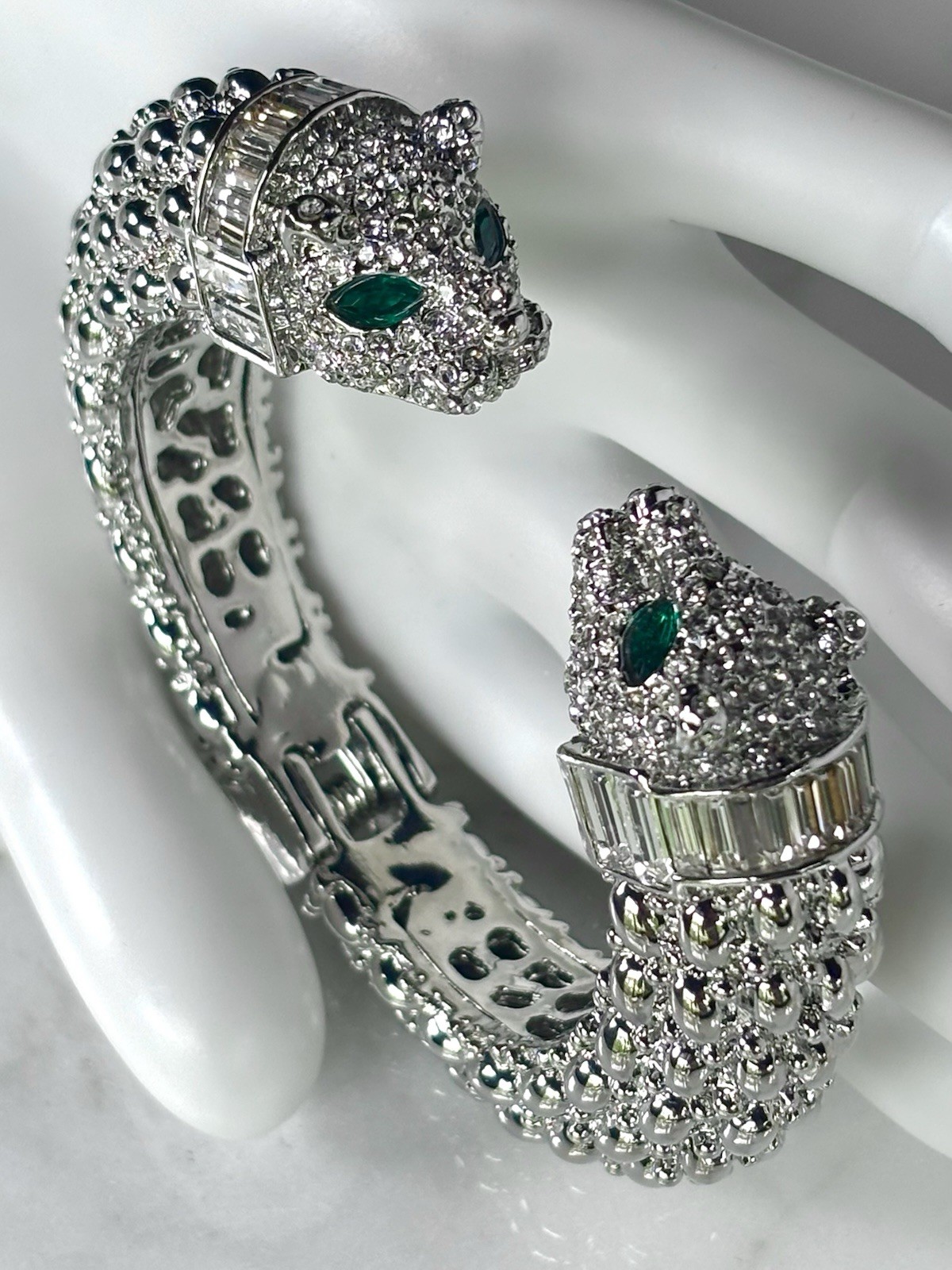 PANTHER FELINE SET /2 CRYSTALS HINGED CUFF BRACELET SILVER GOLD TONE BAGUETTES