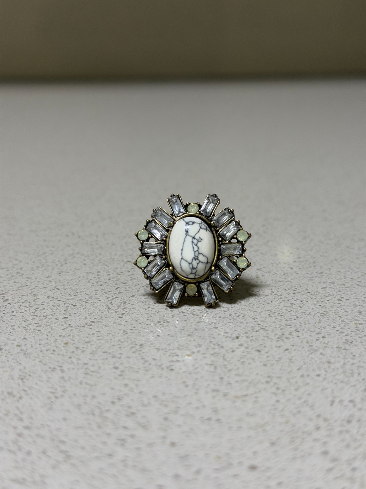 Multi-Color White and Black Ring With Rectagular Stones Around Size 8.5