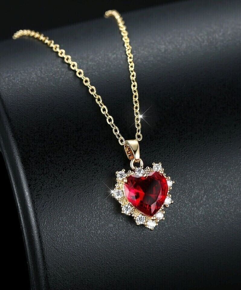 Heart Cut Simulated Pink Ruby Women’s Pretty Halo Pendant 14K Yellow Gold Plated